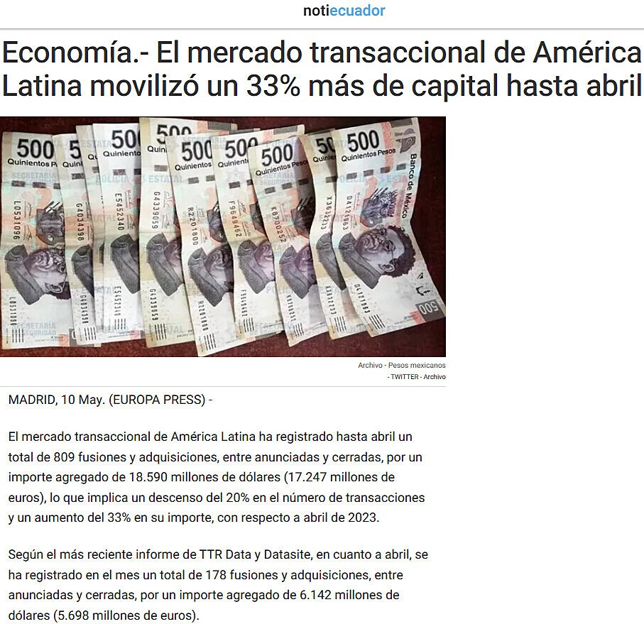 Economa.- El mercado transaccional de Amrica Latina moviliz un 33% ms de capital hasta abril